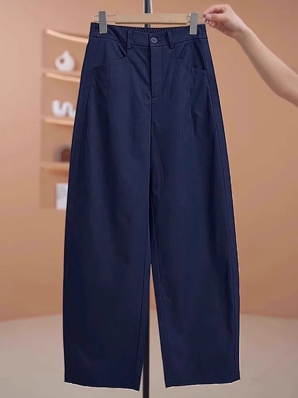夏のファッションシミターパンツ女性のルーズで多用途なストレートパンツハイウエストスリムネイビーブルーカジュアルワイドレッグパンツ A4817|undefined