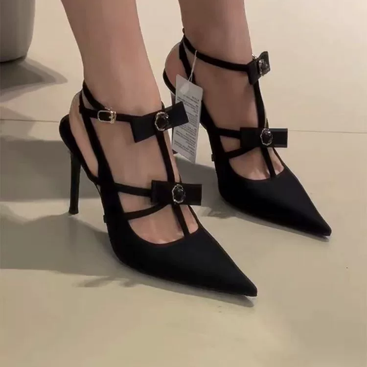 Черные сексуальные весенние ботинки на каблуках, сандалии заостренный носок с бантом, тренд сезона