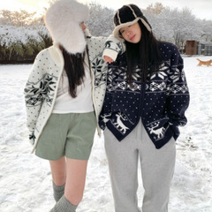 スポット韓国chic洋気立襟双開ファスナー衝突色雪花デザイン百合メリヤスセーターコート