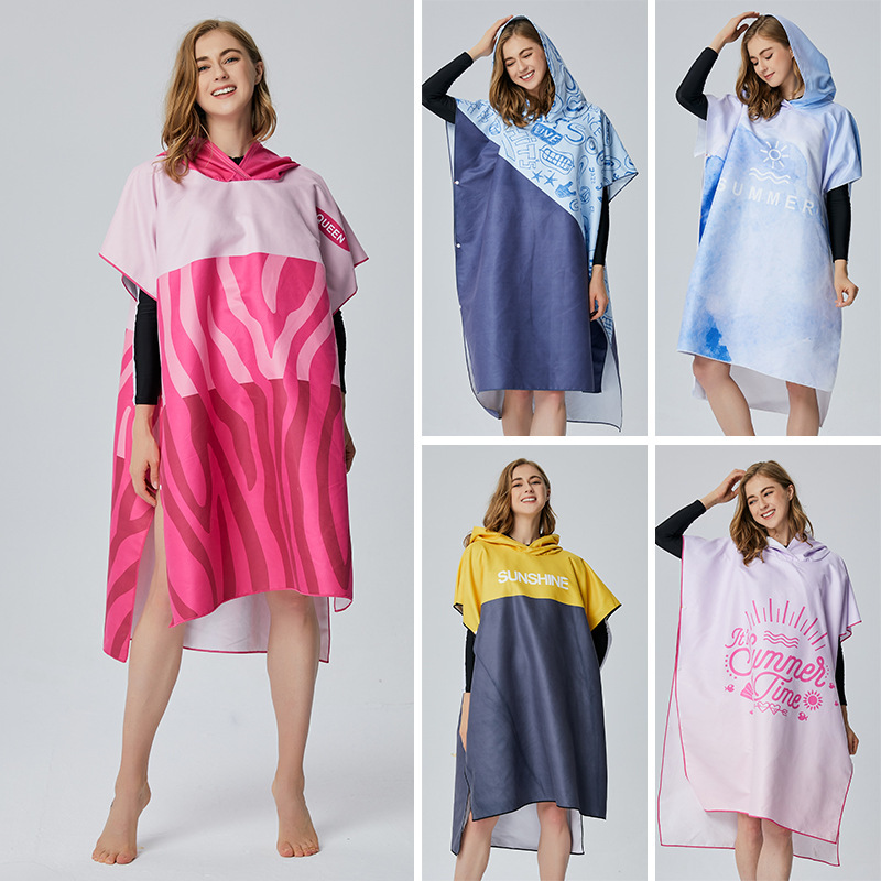 Microfiber Hooded Wearable Water-Absorbent Quick-Drying Bath Towel Adult Beach Bathrobe Summer Double-Sided Velvet Printed Cloak