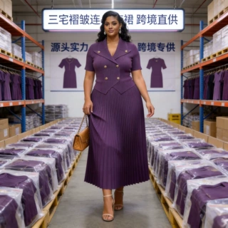 撞色翻领西装大码两件套 蕾丝条纹百褶长裙 欧美非洲跨境女装工厂