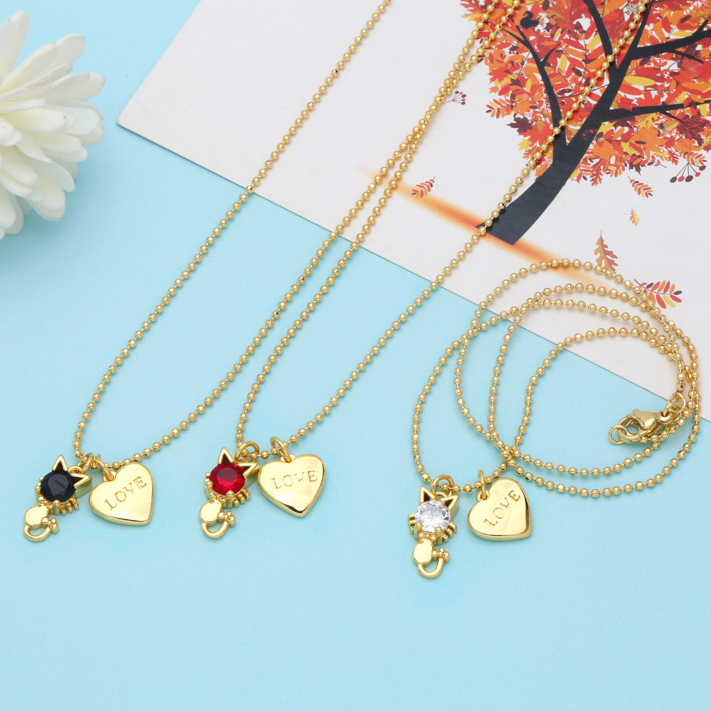 Fashion Cute Cat Heart Pendant Clavicle Chain Necklace Wholesale