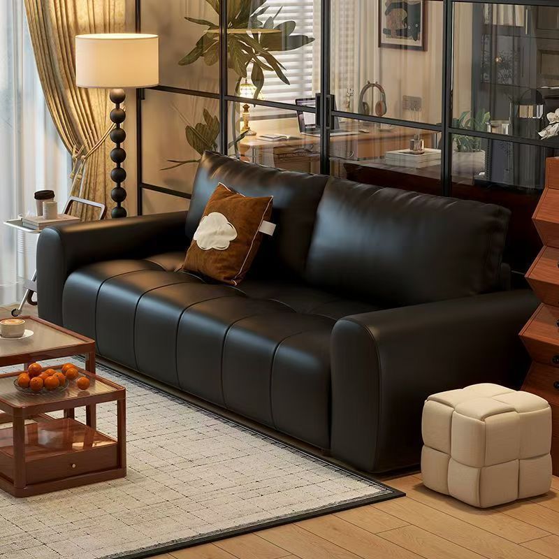 Italian Minimalist Black Leather Sofa for Home Living Room Light Luxury Retro Small Apartment Room Straight Sofa