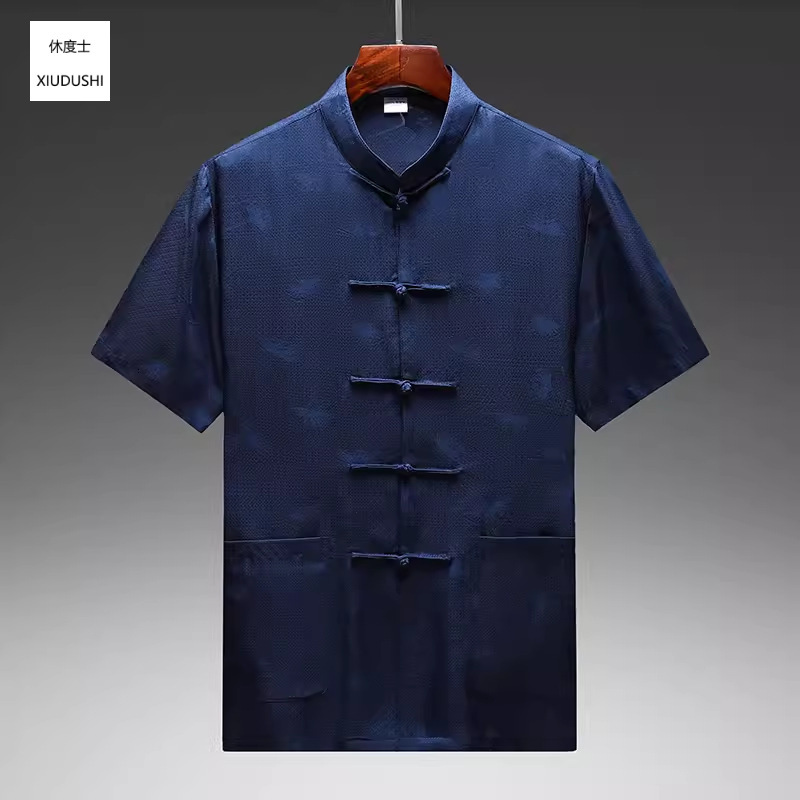 [Silk] 100% Mulberry Silk Summer Men's Short-Sleeve Set, Silky and Breathable Chinese Style Shirt Top for Middle-Aged and Elderly