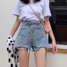 显瘦宽松字热裤高腰浅色破洞牛仔短裤女款夏阔腿短裤女夏牛仔辣妹
