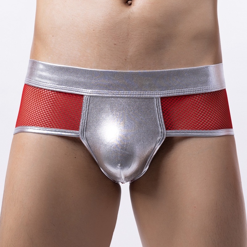Men's Trendy Patent Leather Colorblock Mesh Shorts Fashion Bikini Low Waist Briefs European and American New Men's Underwear