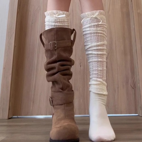 White lace-edged sock covers for women, puffy leg warmers, long socks matching tall boots, calf-length sock covers, Japanese-style cute socks