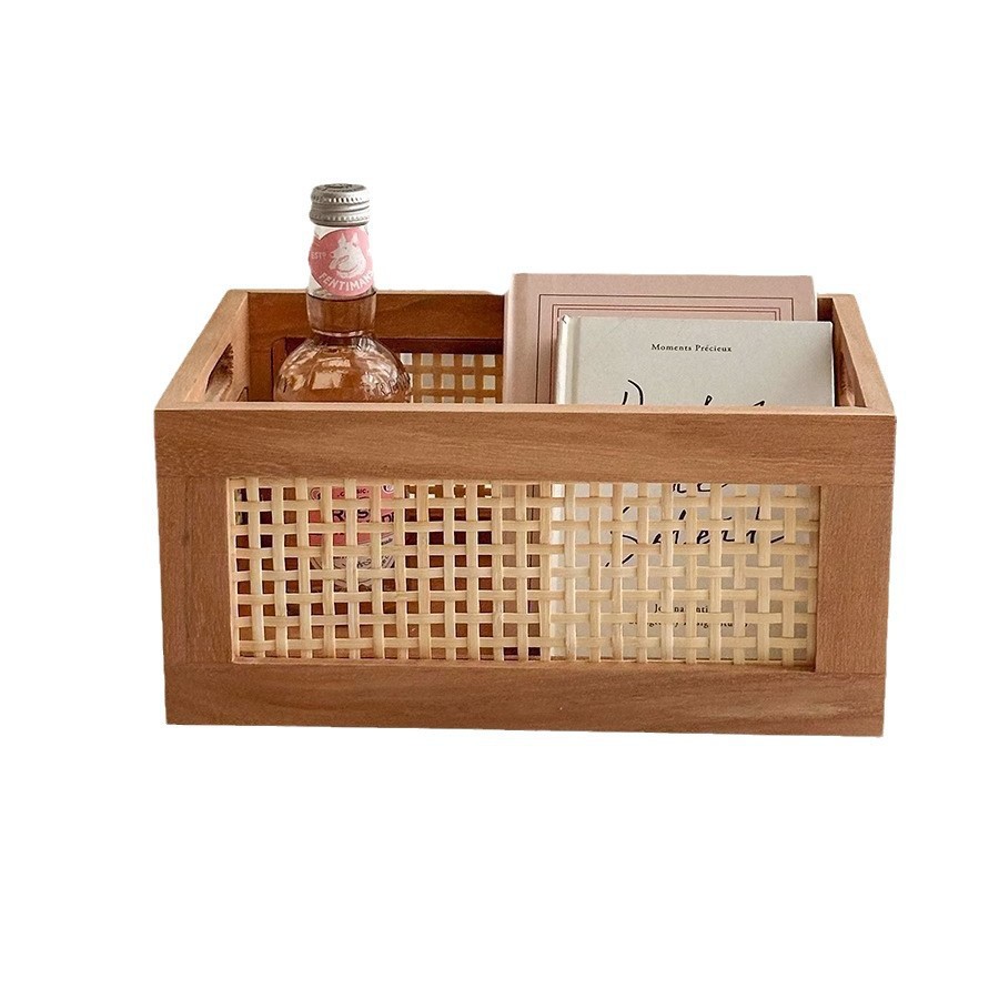 Cesta de almacenamiento de bambú hecha a mano retro de estilo japonés, caja de almacenamiento de escritorio, hogar, sala de estar, libro, bocadillos, marco de almacenamiento de artículos diversos