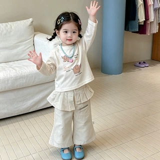 韩系女宝秋装卡通小象长袖t恤小童洋气穿搭百褶裙摆阔腿裤两件套