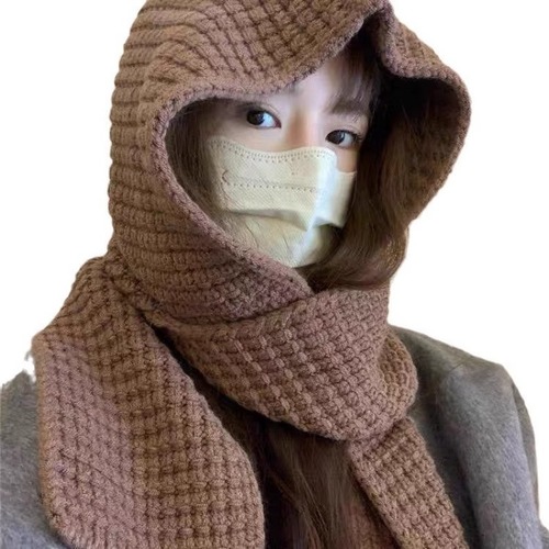 Korean-style shawl collar matching atmospheric knit cap with hood for winter warmth, one-piece knit ear muffs with yarn hat