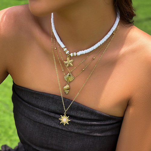 European and American cross-border jewelry, ocean style shell conch tassel multi-layer necklace, stacked soft clay starfish necklace for women