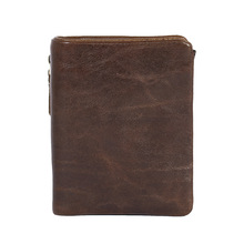 外贸爆款真皮男士钱包竖款短款复古油蜡皮皮夹按扣头层牛皮钱夹批