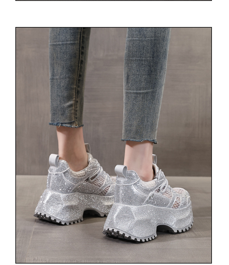 Giày sneaker nữ đế dày phối đá đính đầy mặt lưới thoáng khí — Xám bạc chi tiết 12