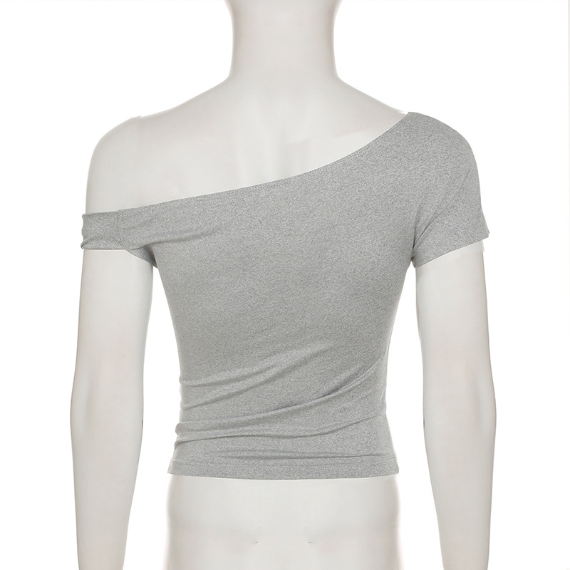 Summer Solid Color Basic Shoulder Short Sleeve Irregular Asymmetric Simple Casual T shirt off the Shoulder Short Top Women