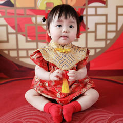 周歲服裝的女寶禮服女寶寶風抓周男女童百日宴禮服1包P紅色春夏