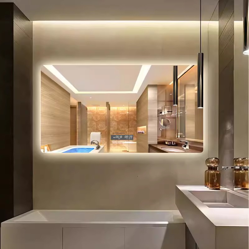 Espejo de baño pantalla táctil retangular espejo inteligente antiniebla pared LED luminoso baño con lámpara pared espejo
