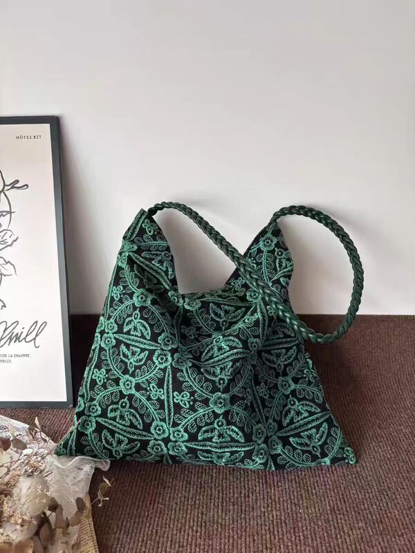 グリーンジャングル織り刺繍キャンバスバッグ大容量オリジナルニッチハンドメイドバッグ多用途シンプルトートバッグ|undefined