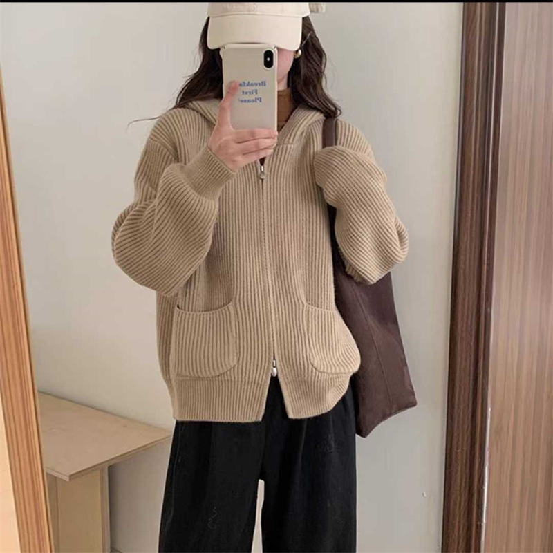简约坑条双口袋连帽拉链毛衣外套女2025秋冬新款宽松软糯针织开衫|undefined
