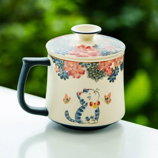 厂家岩矿白陶瓷茶水分离杯蝶恋花萌猫杯子马克杯带盖泡茶杯单杯