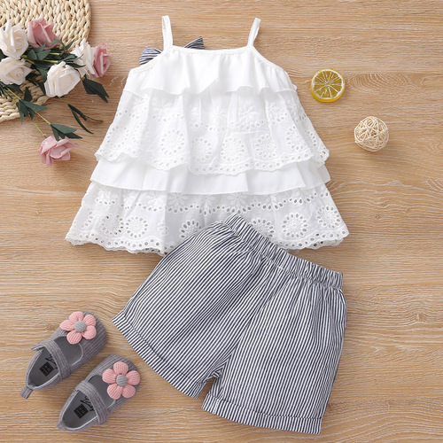 Amazon Children's Floral Lace Strap Top and Striped Shorts Set for Girls