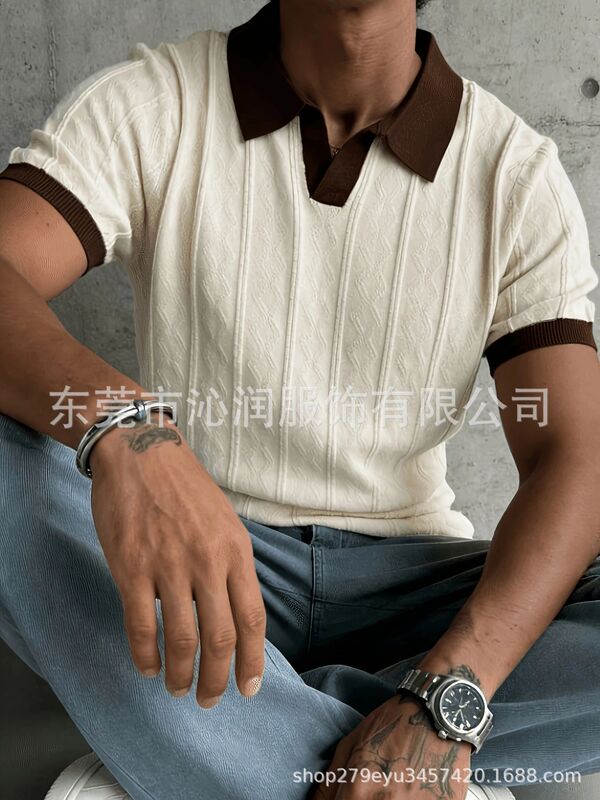 Cross-Border Hot-Selling Item: Shein, Temu, Amazon Men's Lightweight Seagull Collar Solid Color Short-Sleeve Knit Sweater, Suitable for Summer