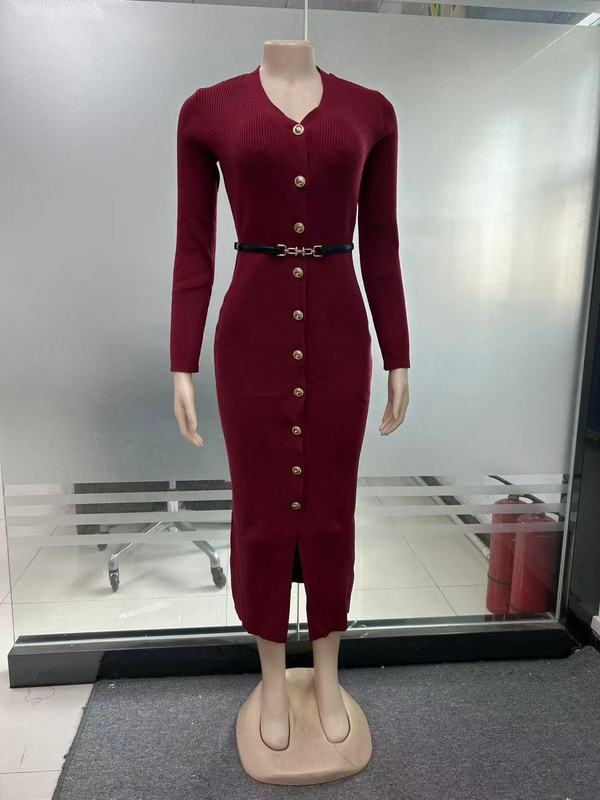 クロスボーダーサプライニットドレスロシアヨーロッパとアメリカの服初秋の新しい長袖シングルブレストセーターロングスカート|undefined