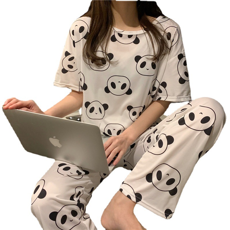 Pijamas primavera y otoño de las mujeres de verano Pantalones de manga corta más el tamaño flojo estilo coreano fresco lindo estudiante dulce traje de desgaste para el hogar