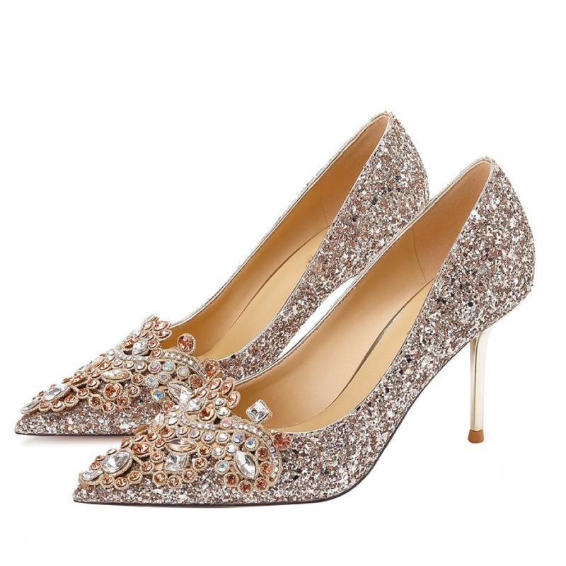 In-Stock Wedding Shoes for Brides 2025 Champagne Gold Chinese Style Xiuhe Wedding Shoes High Heels Thin Heel Single Shoes for Women