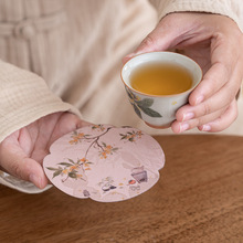 新中式双面杯垫布艺隔热茶垫垫子防水云纱彩印桂花朵杯垫茶垫