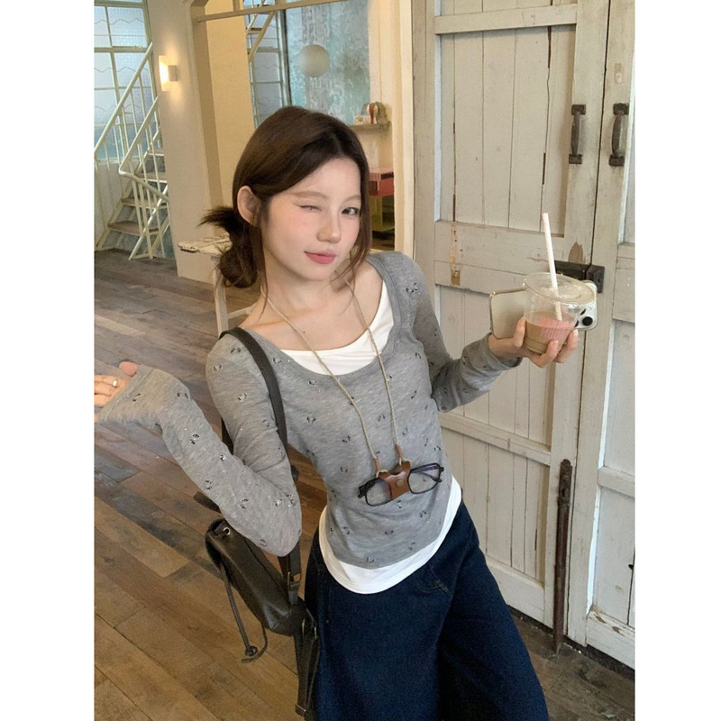 欧美跨境亚马逊小众假两件蝴蝶结印花T恤女秋季修身防晒长袖上衣|undefined