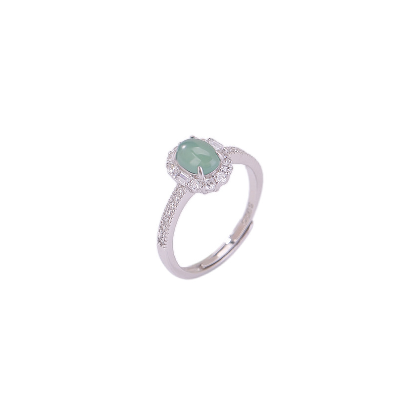 Nhẫn nữ bạc S925 mặt trứng ngọc bích xanh phong cách cổ điển — Mẫu ngọc bích nước xanh