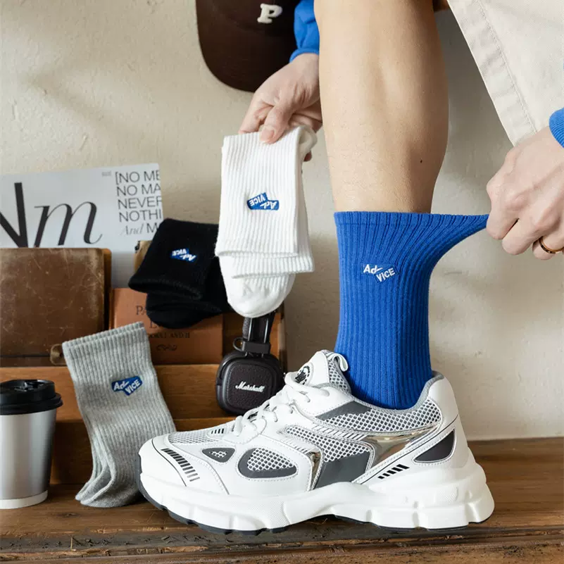 欧货袜子男韩国ins潮流高帮长袜克莱因蓝色棉袜 余文乐运动篮球袜