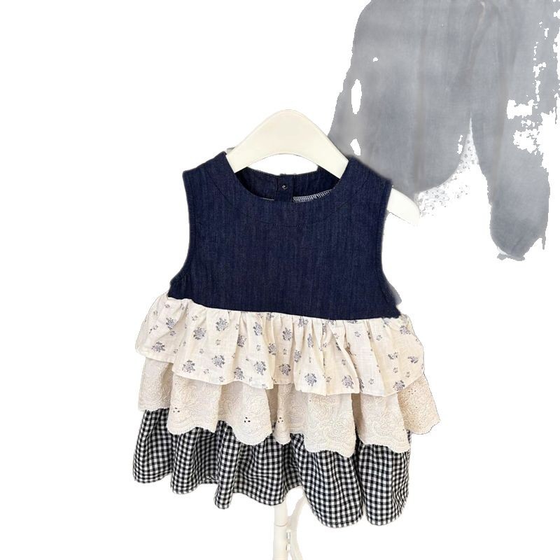 Jiao Yan primavera y verano coreano niñas dulce vestido de flores de mosaico ropa infantil coreana chaleco de encaje para niños