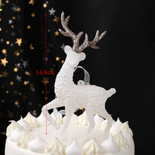 JZ48圣诞节闪粉白色麋鹿蛋糕摆件珍珠树暖黄灯串雪花英文圣诞快乐