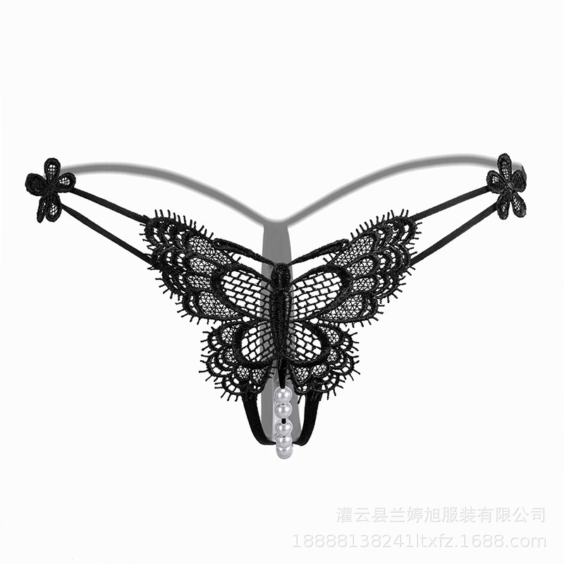 Sexy Underwear Lace Embroidered Leb thong T-pants Women's One Rope Transparent Open File Sexy Pearl Massage