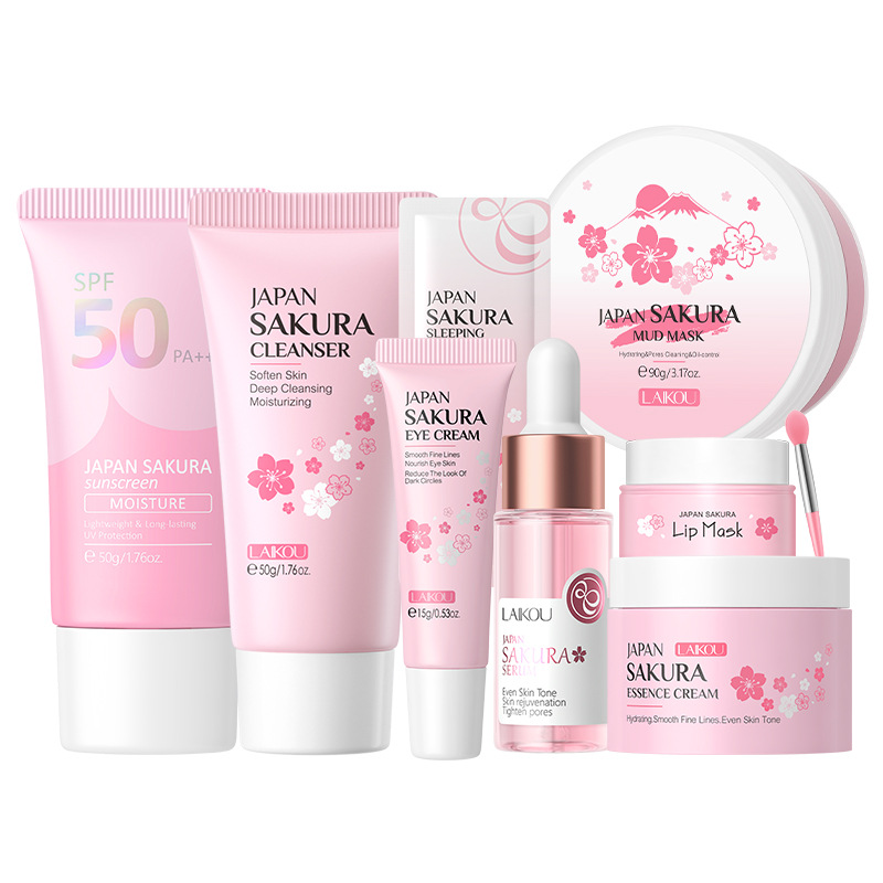Conjunto combinado de leche de caracol y flor de cerezo LAIKOU transfronterizo, varios conjuntos, kit de productos para el cuidado de la piel de combinación libre.