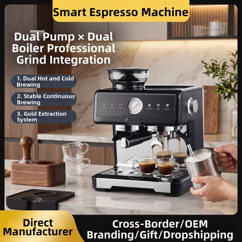 Cross-Border European Standard Semi-Automatic Coffee Machine with Dual Pumps and Dual Boilers for Continuous Extraction, Hot and Cold Dual Extraction, and Integrated Grinding Cross-Border European Standard Semi-Automatic Coffee Machine with Dual Pumps and Dual Boilers for Continuous Extraction, Hot and Cold Dual Extraction, and Integrated Grinding