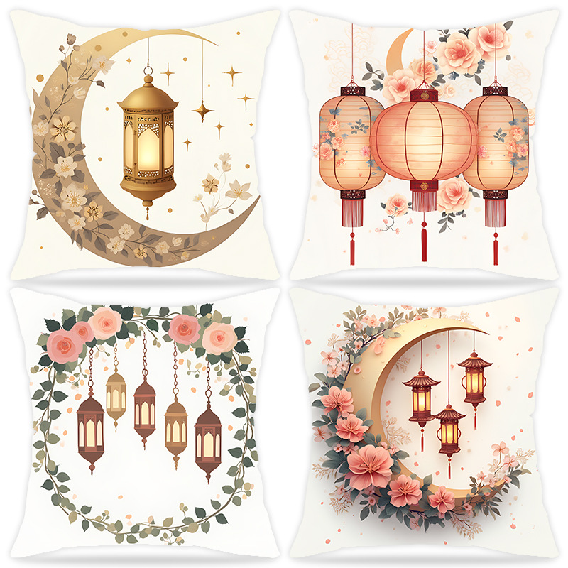 temu Hot Sale Middle East Festival Moon Pillow Case Golden Lantern Printed Decorative Seat Cushion Arrangement Sofa Pillow