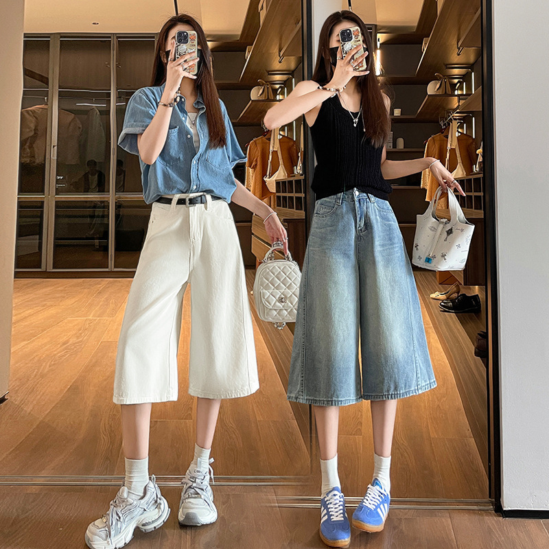 White Straight-Leg Denim Capri Pants for Women, Summer Thin Style, Plus Size, High-Waisted, Loose Fit, Versatile, Casual, Drapey Wide-Leg Mid-Length Pants