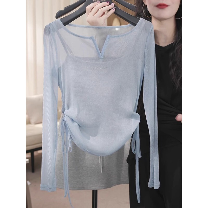It Looks so Good! Blue V-Neck Hollow-Out Sun Protection Cover-Up Top for Women, Spring and Summer Drawstring Waist-Cinching Long-Sleeve T-Shirt