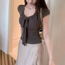 unone 心波微澜 纯欲U领正肩收腰T恤女蝴蝶结修身显瘦短袖上衣春