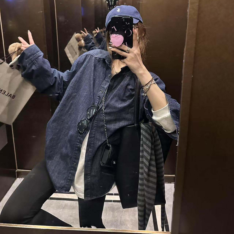 2026 Spring New Korean Style Simple Fashion Denim Shirt Gray Short-Sleeve T-Shirt Black Skinny Pants Set