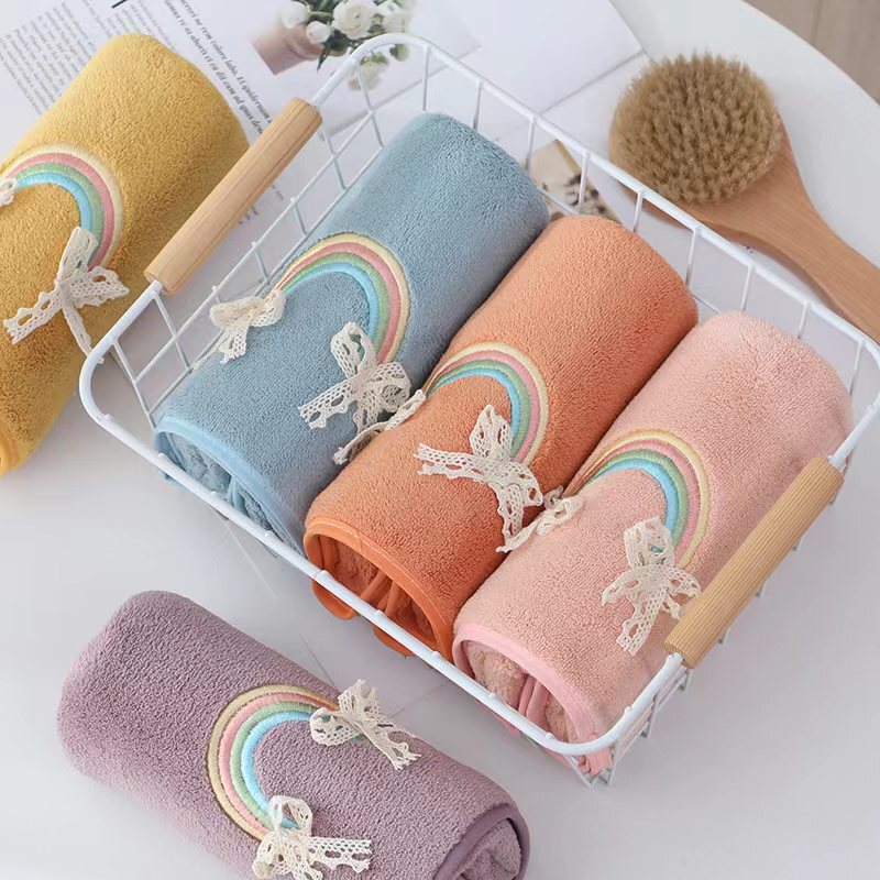 Foreign Trade Cross-border Three-dimensional Rainbow Embroidered Towel Coral Fleece Cartoon Household Bath Towel Internet Popular Gift Towel