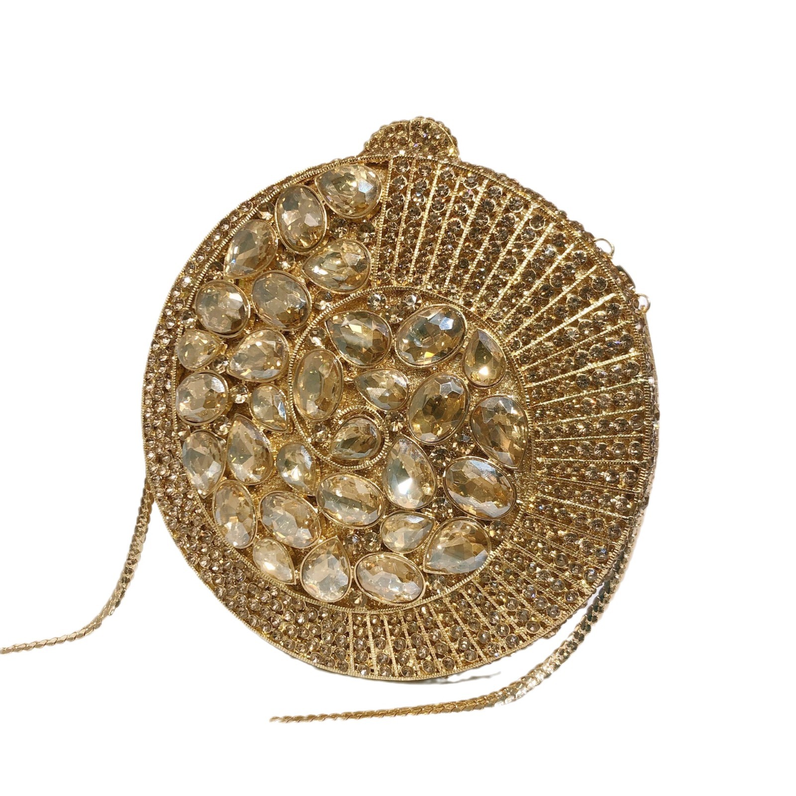 Túi clutch dạ tiệc đính pha lê kim cương kim loại rỗng phong cách Âu Mỹ — Ốc vàng, Kim cương trắng trên nền vàng (tùy chỉnh), Vàng xanh lá cây xanh lam (tùy chỉnh), Màu Sâm Panh (tùy chỉnh)