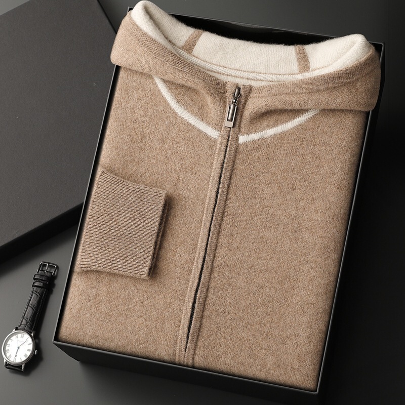 Autumn and Winter New Men's Jacquard Cashmere Sweater Air Layer Thickened Casual Hooded Zipper Cardigan Wool Knitted Jacket Autumn and Winter New Men's Jacquard Cashmere Sweater Air Layer Thickened Casual Hooded Zipper Cardigan Wool Knitted Jacket