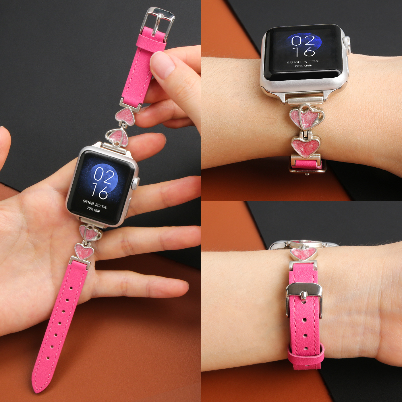 New Model Suitable for Apple Watch Strap iWatch S10Ultra Fashionable Metal Leather Heart Women's Watch Strap