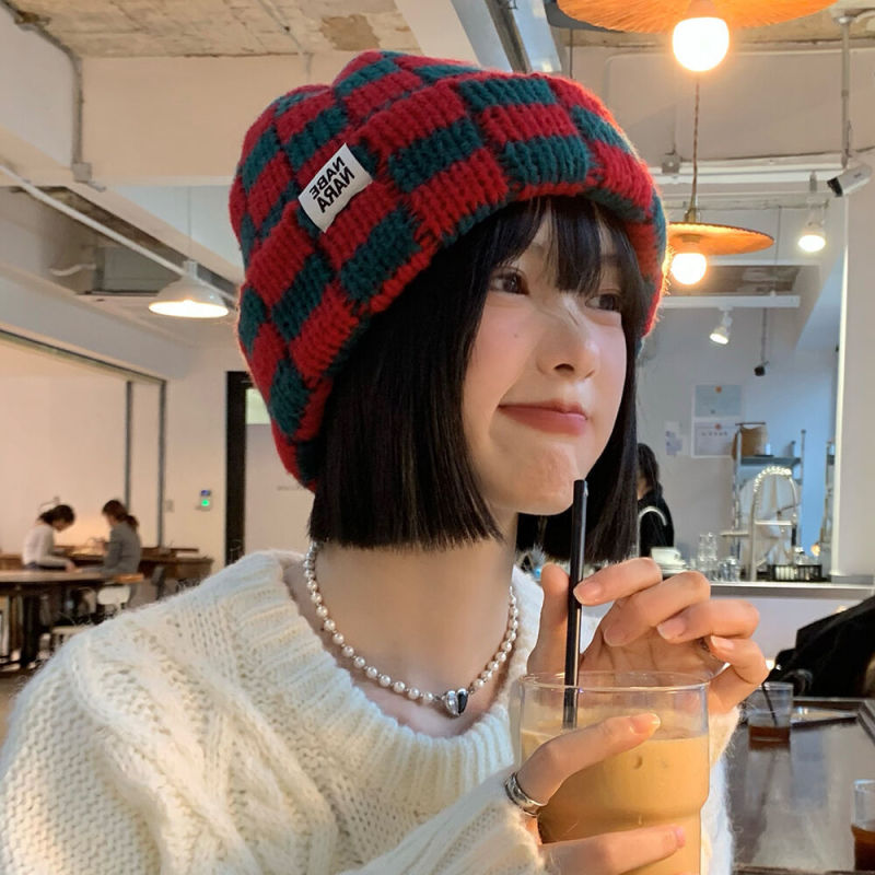 国境を越えたレトロな菱格ニット毛糸帽女性冬の韓国版の大頭囲は顔が小さい保温防寒包頭帽子である|undefined