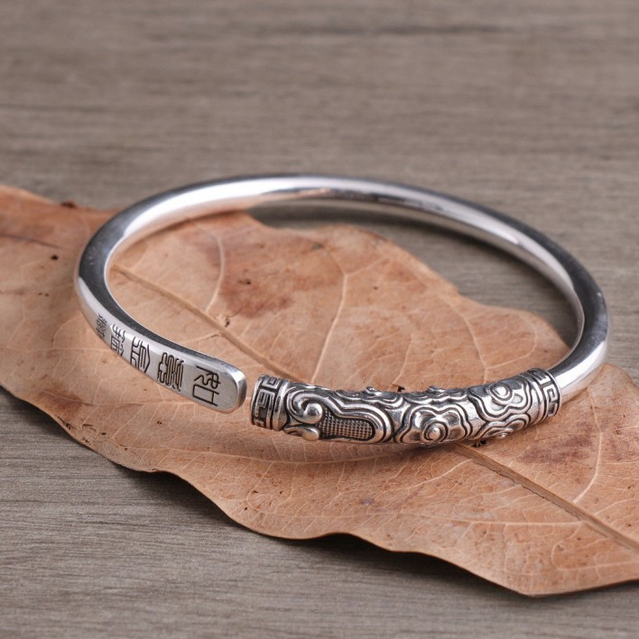 Pure Silver 9999 Retro Bright Old Round Rod Ruyi Gold Hoop Bracelet Niche Versatile Stylish Trendy Gift for Boyfriend Pure Silver 9999 Retro Bright Old Round Rod Ruyi Gold Hoop Bracelet Niche Versatile Stylish Trendy Gift for Boyfriend