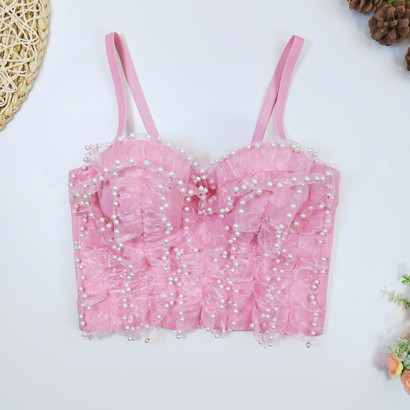 Organza Stitching Lace Ruffled Chest Wrapping Slim-Fit Elastic Pearl Lace Sling Elegant Outer Wear Strapless Organza Stitching Lace Ruffled Chest Wrapping Slim-Fit Elastic Pearl Lace Sling Elegant Outer Wear Strapless