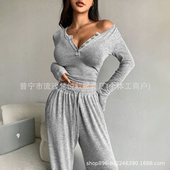 2025欧美跨境女装亚马逊爆款春夏季新款灰色纽扣长袖长裤休闲套装